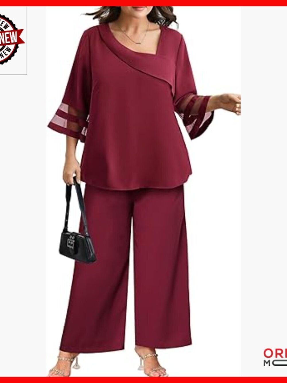 Plus Size 2 Piece Pant Suit Mesh Panel Bell Sleeve Outfit Dressy Casual